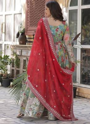 Multicolor russian silk foil embroidery with zari sequins & digital printed gown dupatta 3