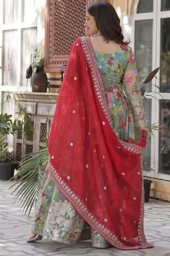 Multicolor russian silk foil embroidery with zari sequins & digital printed gown dupatta