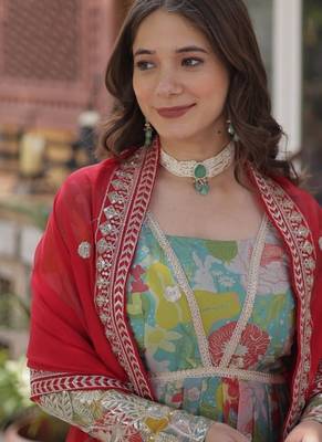 Multicolor russian silk foil embroidery with zari sequins & digital printed gown dupatta 4