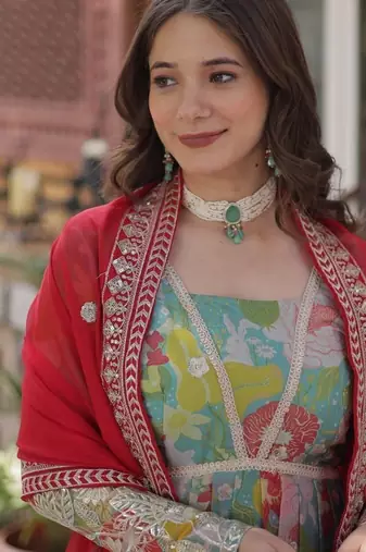 Multicolor russian silk foil embroidery with zari sequins & digital printed gown dupatta