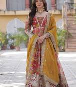 Multicolor russian silk foil embroidery with zari sequins & digital printed gown dupatta