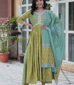 Light mustard cotton printed top with pant & dupatta set