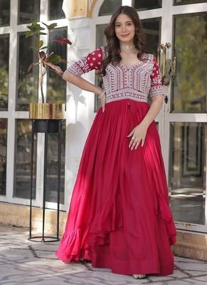 Pink georgette with embroidery beads sequins work fancy kurti & lehenga 1