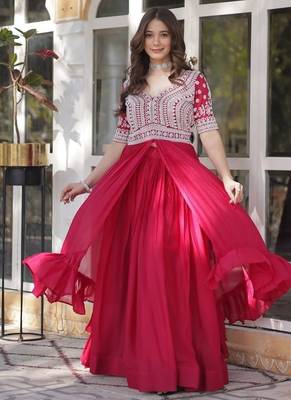 Pink georgette with embroidery beads sequins work fancy kurti & lehenga 2