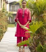 Fuchsia pink chanderi plain kurta set with minimal embroidery
