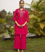 Fuchsia pink chanderi plain kurta and pant with front embroidery
