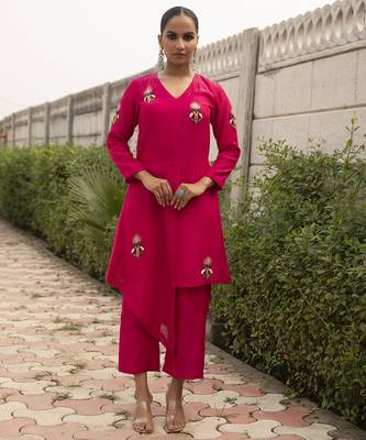 Fuchsia pink chanderi embroidered kurta set 2
