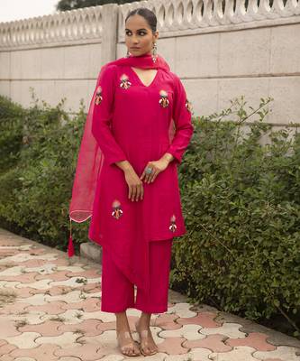 Fuchsia pink chanderi embroidered kurta set 1