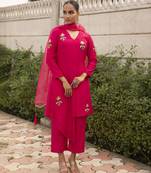Fuchsia pink chanderi embroidered kurta set