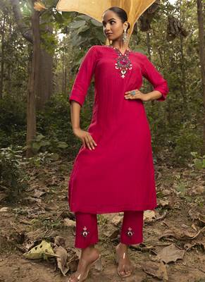 Fuchsia pink chanderi plain kurta with embroidered pants 1