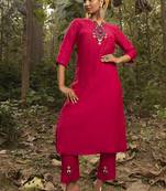 Fuchsia pink chanderi plain kurta with embroidered pants