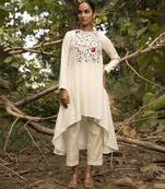 Ivory chanderi silk floral embroidered kurta with pant