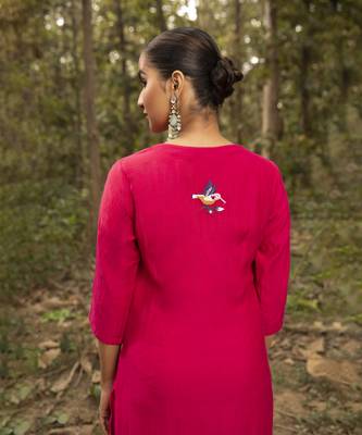 Fuchsia pink chanderi plain kurta with embroidered pants 2