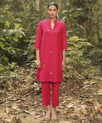 Fuchsia pink chanderi silk plain kurta with pant 1
