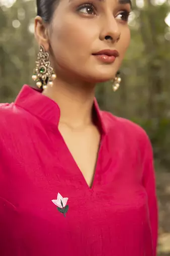 Fuchsia pink chanderi silk plain kurta with pant
