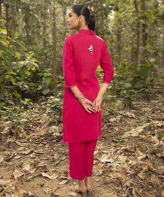 Fuchsia pink chanderi silk plain kurta with pant 5