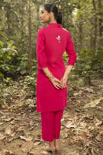 Fuchsia pink chanderi silk plain kurta with pant
