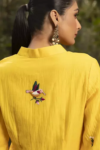 Yellow chanderi silk embroidered kurta and pant