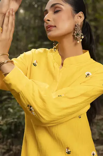 Yellow chanderi silk embroidered kurta and pant