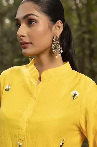 Yellow chanderi silk embroidered kurta and pant