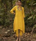 Yellow chanderi silk plain kurta and pant with neck embroidery