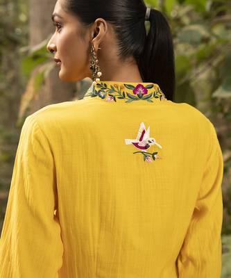 Yellow chanderi silk plain kurta and pant with neck embroidery 2