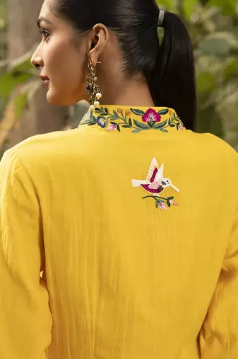 Yellow chanderi silk plain kurta and pant with neck embroidery
