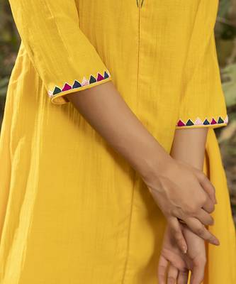 Yellow chanderi silk plain kurta and pant with neck embroidery 4