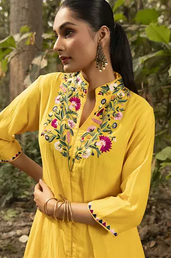 Yellow chanderi silk plain kurta and pant with neck embroidery