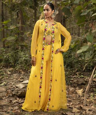 Yellow chanderi silk embroidered sharara set 1