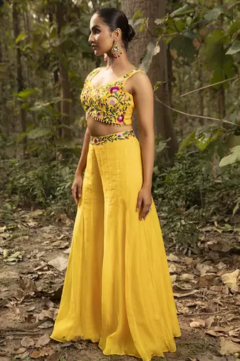 Yellow chanderi silk embroidered sharara set