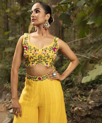 Yellow chanderi silk embroidered sharara set 3