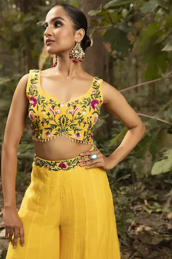 Yellow chanderi silk embroidered sharara set