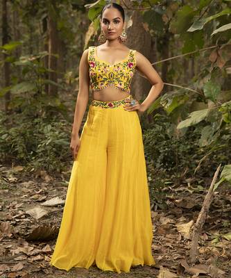 Yellow chanderi silk embroidered sharara set 4