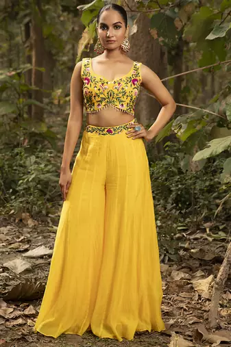 Yellow chanderi silk embroidered sharara set