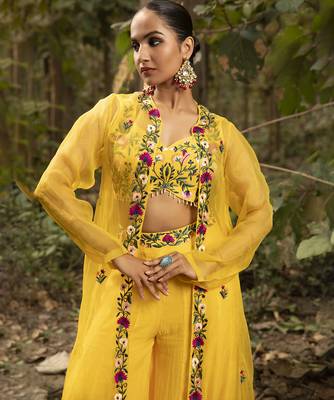 Yellow chanderi silk embroidered sharara set 5
