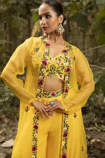 Yellow chanderi silk embroidered sharara set