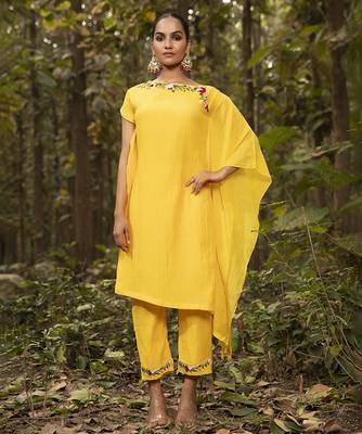 Yellow chanderi silk plain kaftan with pant 1