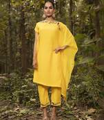 Yellow chanderi silk plain kaftan with pant