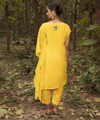 Yellow chanderi silk plain kaftan with pant 2