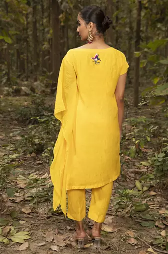 Yellow chanderi silk plain kaftan with pant