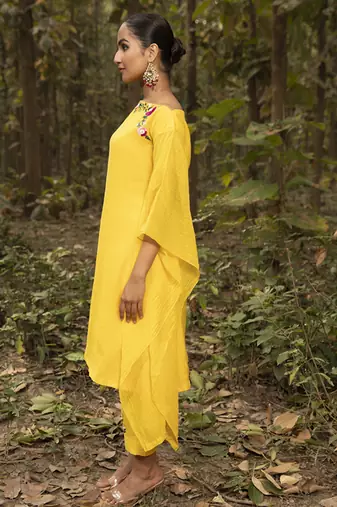 Yellow chanderi silk plain kaftan with pant