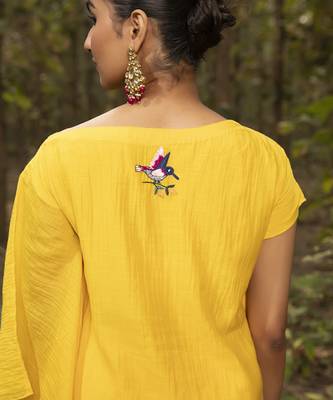 Yellow chanderi silk plain kaftan with pant 4