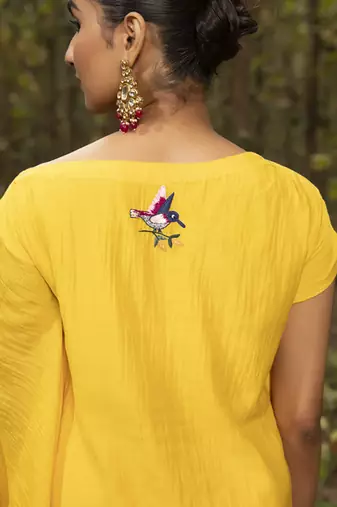 Yellow chanderi silk plain kaftan with pant