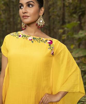 Yellow chanderi silk plain kaftan with pant 5