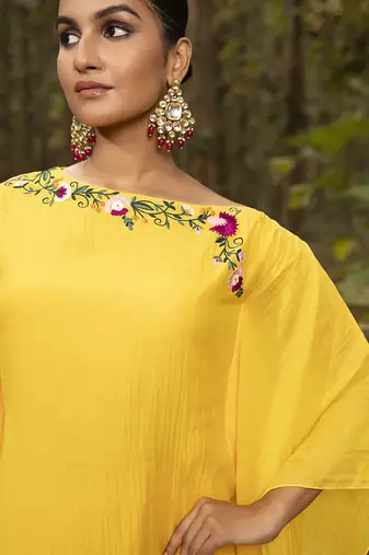 Yellow chanderi silk plain kaftan with pant