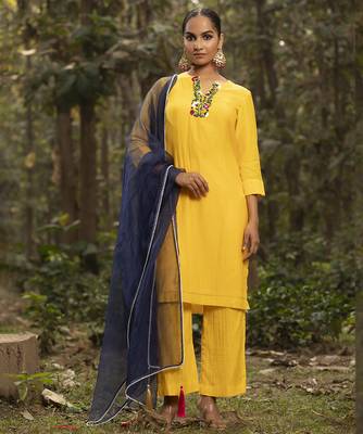 Yellow chanderi silk plain kurta set 2