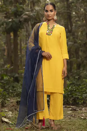 Yellow chanderi silk plain kurta set