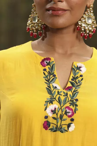 Yellow chanderi silk plain kurta set