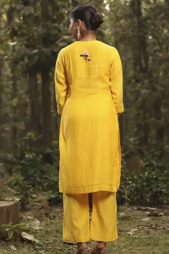 Yellow chanderi silk plain kurta set